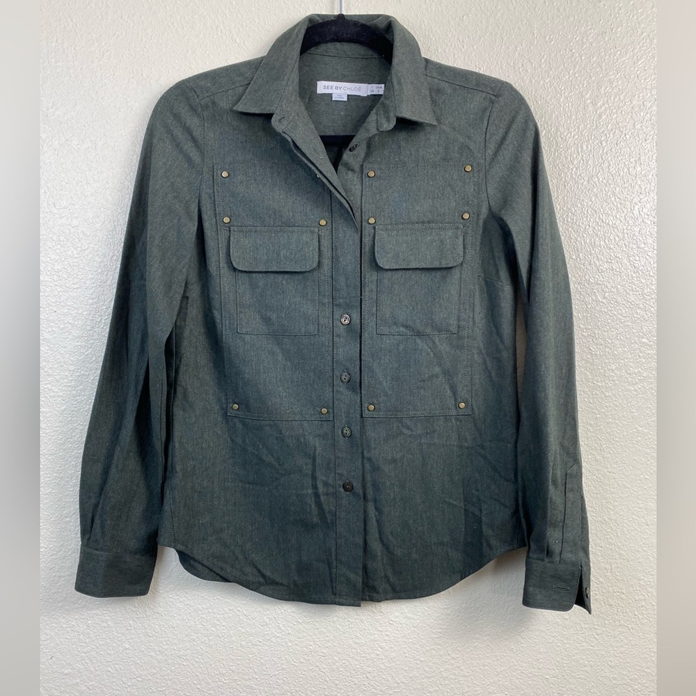 See by Chloe Wool Military Green Utility Button Up Long Sleeveโ Shirt womenโs 2